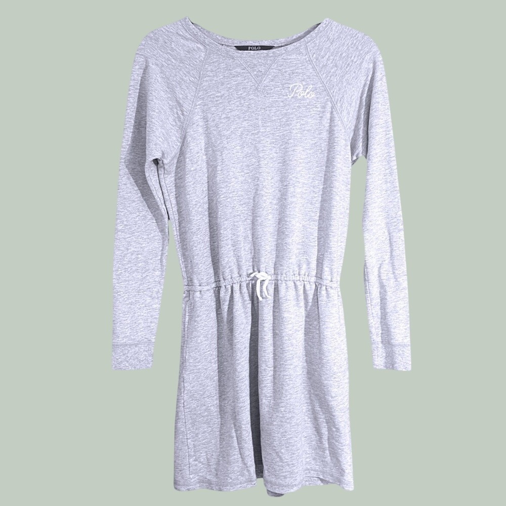 Polo Ralph Lauren Girls XL 16 Gray Sweatshirt Dress Long Sleeve Drawstring Waist